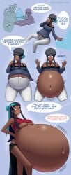 bbw belly_inflation belly_stuff big_belly bloated bloating bursting_out_of_clothing dark-skinned_female dark_skin dialogue game_freak gurgling_belly hungry hyper_belly large_belly metalforever nessa_(pokemon) nintendo overeating pokemon pokemon_ss sonia_(pokemon) speech_bubble stomach_inflation stomach_noises swimsuit text