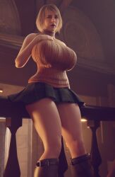 1girls ashley_graham ashley_graham_(ella_freya) big_breasts blonde_hair blue_eyes breasts clothing curvy curvy_female female open_mouth resident_evil resident_evil_4 superhentaimaster9000 touching_breast