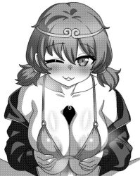 1boy ;3 areola_slip blush breasts circlet collarbone commentary_request female greyscale large_breasts low_twintails monochrome one_eye_closed onkn_sxkn paizuri penis pov precum simple_background solo_focus son_biten touhou twintails upper_body