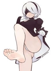 1girls ass bare_legs barefoot blindfold breasts cleavage clothes_lift feet hairband medium_hair nier:_automata panties pantyshot softhanten soles thighs toes upskirt white_hair yorha_2b