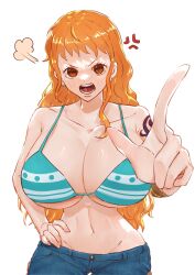 1girls bare_arms bare_shoulders big_breasts bikini breasts_bigger_than_head clothed clothing color female female_focus female_only hi_res jeans large_breasts light-skinned_female light_skin long_hair looking_at_viewer massive_breasts nami nami_(one_piece) one_piece orange_eyes orange_hair post-timeskip sc_scandium shounen_jump solo solo_female striped_bikini tagme tattoo thick_thighs