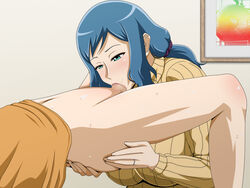 :>= aqua_eyes ass_grab blue_eyes blue_hair blush bottomless breasts censored deepthroat fellatio female gundam gundam_build_fighters half-closed_eyes highres huge_breasts incest indoors iori_rinko iori_sei legs long_hair long_sleeves looking_down milf mosaic_censoring mother_and_son oral penis ring solo_focus sweat sweater thighs turtleneck turtleneck_sweater vermilion wedding_ring