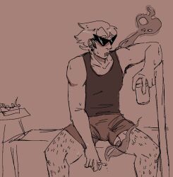 1boy body_hair clothed clothed_male dirk_strider glasses headgear headwear homestuck leaking leaking_cum leaking_precum leg_hair male male_focus male_only masculine penis precum shades short_hair short_hair_male solo solo_male spiky_hair sunglasses sweat sweatdrop sweaty thiccsies