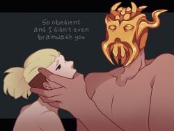 2boys _0_strawberrymilk_0_(artist) artist blonde_hair blonde_hair_male cuntboy english english_text femboy gold gold_jewelry hand hand_in_mouth looking_at_another looking_down male/male masked_male miraak mlm oc oc_x_canon older_dom_younger_sub older_male older_man_and_younger_boy original original_character power_display rough self_upload size_difference skyrim submissive_human submissive_male sucking_fingers taunting teasing younger_human