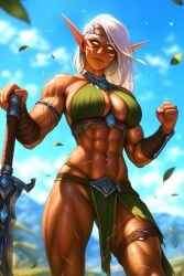abs ai_generated aralyva armor cleavage elf female female_only flexing_bicep holding_weapon muscular_female pelvic_curtain revealing_clothes scar scars sweat veins warcraft white_hair world_of_warcraft yellow_eyes