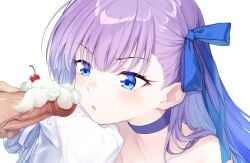 1boy bare_shoulders blue_eyes blue_ribbon blush breasts censored cherry choker coffeekite collarbone erection fate/grand_order fate_(series) fellatio female food frills fruit hair_ribbon highres long_hair long_sleeves meltryllis_(fate) meltryllis_(swimsuit_lancer)_(fate) meltryllis_(swimsuit_lancer)_(second_ascension)_(fate) off-shoulder_one-piece_swimsuit off_shoulder one-piece_swimsuit oral penis puffy_sleeves purple_hair ribbon sleeves_past_fingers sleeves_past_wrists small_breasts straight swimsuit whipped_cream