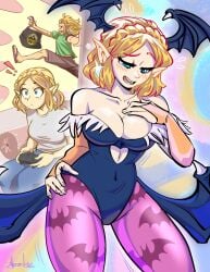 1boy 1girls bat_print blonde_hair blue_eyes blush braided_hair chris_metzner cleavage cosplay darkstalkers female gauntlets head_wings hi_res leotard link male medium_hair morrigan_aensland_(cosplay) nintendo pantyhose pink_pantyhose pointy_ears princess_zelda succubus_wings tears_of_the_kingdom the_legend_of_zelda wings zelda_(tears_of_the_kingdom)