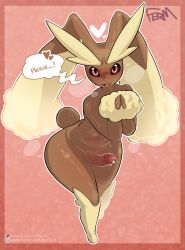 absurd_res anthro balls big_ears black_sclera bodily_fluids cotton_tail english_text erection femboy fermusieboir4 generation_4_pokemon genitals hi_res humanoid_genitalia humanoid_penis lagomorph long_ears looking_at_viewer lopunny male mammal navel nintendo nude penis pokemon pokemon_(species) solo sweat text wide_hips