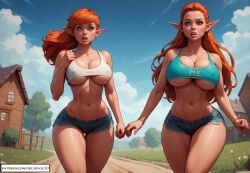 2girls ai_generated big_breasts elf elf_ears elf_female fit_female jogging red_hair running velzevulito