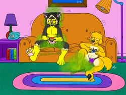 anthro bulge canine clothing couch dog doggettdouglasmcdog duo fart game_controller male male_only mammal nipple_piercing nose_piercing piercing ponytail smile spritztheskusky underwear video_games