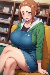 ai_generated bare_legs big_breasts blue_eyes blush brunette_hair crossed_legs faker hair_bun huge_breasts huge_thighs kaii_to_otome_to_kamikakushi light-skinned_female light_skin looking_at_viewer massive_breasts mature_female milf solo_female sumireko_ogawa thick_body thick_female thick_thighs thighs voluptuous voluptuous_female