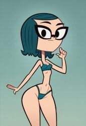 ai_generated ass big_ass big_butt blue_bra blue_g-string glasses grojband high_quality highres looking_at_viewer mina_beff narrow_waist short_hair small_breasts solo teal_hair trall1979 wide_hips