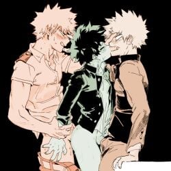 closed_eyes clothed clothed_sex double fucked_from_behind gay hand hand_on_head izuku_midoriya japanese_clothes katsuki_bakugou male/male male_only my_hero_academia no_background rubbing_penis school_uniform yaoi