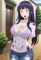 ai_generated arms_behind_back big_breasts black_hair blood blood_in_mouth blood_on_body blood_on_breasts blood_on_face bra civitai damaged_clothes dirt dirty hyuuga_hinata jeans large_breasts long_hair naruto naruto_(series) naruto_shippuden no_pupils ripped_clothing ripped_shirt scratches white_shirt