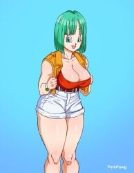 1girl 1girls blue_hair bodysuit breasts bulma_briefs bulma_briefs_(androids'_saga) dragon_ball dragon_ball_z female female_focus jeans_shorts large_breasts nude sexually_suggestive shorts solo