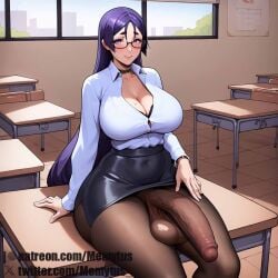 ai_generated fate/grand_order fate_(series) futanari glasses huge_balls huge_breasts huge_cock memytus milf minamoto_no_raikou_(fate/grand_order) pantyhose purple_eyes purple_hair raikou school_desk skirt teacher teacher_outfit thick_thighs