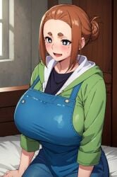 ai_generated bare_legs big_breasts blue_eyes blush brunette_hair faker hair_bun huge_breasts huge_thighs jeans kaii_to_otome_to_kamikakushi light-skinned_female light_skin looking_at_viewer massive_breasts mature_female milf smiling solo_female sumireko_ogawa tank_top thick_body thick_female thick_thighs thighs voluptuous voluptuous_female