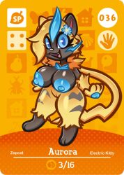 amiibo_card anthro arturfox aurora_(nbanoob) big_breasts black_body blue_eyes blue_nipples breasts card female fur generation_7_pokemon genitals hi_res legendary_pokemon nintendo nipples pokemon pokemon_(species) pussy solo yellow_body yellow_fur zeraora