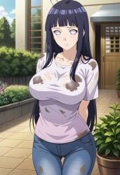 ai_generated arms_behind_back big_breasts black_hair civitai dirt dirty hyuuga_hinata jeans large_breasts long_hair naruto naruto_(series) naruto_shippuden no_pupils white_shirt