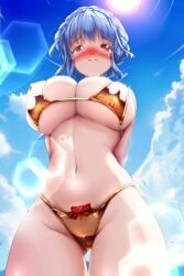 1girls arms_behind_back ass_visible_through_thighs bangs bare_thighs bikini blue_hair blush braid breasts brown_eyes cleavage covered_nipples female female_only fire_emblem fire_emblem:_three_houses from_below gold_bikini gold_swimsuit heavy_blush huge_breasts light_blue_hair looking_at_viewer looking_down marianne_von_edmund nintendo outdoors partially_visible_vulva revealing_clothes short_hair sideboob skimpy_clothes skindentation solo swimsuit thick_thighs thighs underboob yanmarson yellow_bikini yellow_swimsuit