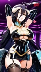 1girls adjusting_panties ai_generated albedo_(overlord) arms_above_head bare_shoulder black_hair bodycon boosterred99 bridal_gauntlets cameltoe cleavage clothing_cutout covered_navel covered_nipples cutout dress female female_only holding_breast horn horns large_breasts latex_panties leaning_forward long_hair overlord_(maruyama) post-timeskip ring seductive_smile shiny_clothes side-tie_panties side_locks sideboob skirt solo stockings succubus underboob wavy_hair white_hair yellow_eyes