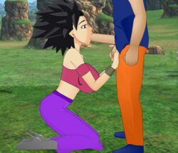 1boy 1girls :>= black_eyes black_hair breasts caulifla clothed dragon_ball dragon_ball_super erection fellatio female light-skinned_female light_skin long_hair male oral partial_male penis roro73290 saiyan son_goku spiky_hair straight super_deepthroat_game universe_6/universe_7 universe_6_saiyan/universe_7_saiyan