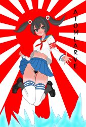 absurdres atomlarve black_hair blue_skirt blush brown_eyes cleft_of_venus clothes_lift command_&_conquer command_&_conquer:_red_alert_3 female highres imperial_japanese_army looking_at_viewer non-web_source pubic_hair pussy skirt skirt_lift smile solo thighhighs twintails white_thighhighs yuriko_omega