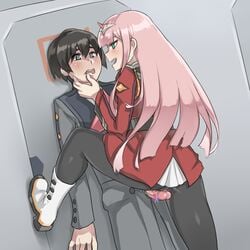 1boy :d aqua_eyes bangs black_hair black_legwear blush boots cameltoe censored clothed_sex darling_in_the_franxx domination face_grab female femdom forced grinding hair_between_eyes hiro_(darling_in_the_franxx) horns long_hair maji-pan male military military_uniform open_mouth penis pink_hair pointless_censoring smile straight uniform wall_slam zero_two_(darling_in_the_franxx)