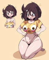 1girls big_breasts bikini_bottom brown_hair crop_top cute emi_(gazericc) flushed_emoji_shirt gazericc hair_ornament kneeling light-skinned_female meme meme_attire panties red_eyes sketch_page slightly_chubby surprised thick_ass thick_thighs