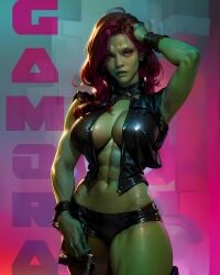 1girls abs ai_generated alien alien_girl black_hair breasts female female_focus female_only gamora green-skinned_female green_skin guardians_of_the_galaxy marvel marvel_cinematic_universe mcu nerdddemon red_highlights solo solo_female solo_focus