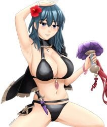 1girls alternate_costume bikini black_bikini black_swimsuit blue_eyes breasts byleth_(female)_(summer)_(fire_emblem) byleth_(fire_emblem) byleth_(fire_emblem)_(female) capelet cleavage female female_only fire_emblem fire_emblem:_three_houses fire_emblem_heroes flower hair_flower large_breasts looking_at_viewer medium_hair nintendo official_alternate_costume sideboob smile solo swimsuit teal_hair thunder's_fist white_background