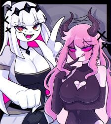 2females 2girls bare_shoulders big_breasts boob_window cleavage demon fnf_entity friday_night_funkin friday_night_funkin_mod leotard mid-fight_masses mid_fight_masses midfight_masses nikusa_(sugarratio) pink_hair queen sarvente_(dokki.doodlez) simple_background thick_thighs white_hair yume0534