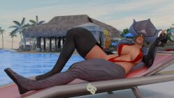 drink grandmastersurgeon heart_fingers looking_at_viewer lotus_(warframe) pool poolside sling_bikini warframe