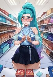 1girls ai_generated blue_eyes blue_hair blue_nails blush brinkai buying_condoms condom condom_box embarrassed glasses k/da_all_out_seraphine k/da_all_out_series k/da_series league_of_legends round_glasses seraphine_(league_of_legends) skirt thick_thighs wide_hips