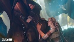 2girls 3d ass black_hair bubble_butt ciri clothing horse multiple_girls scar sniffing_ass sword the_witcher_(series) the_witcher_3:_wild_hunt white_hair yennefer yuri zulysh