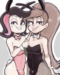 2boys black_hair brown_eyes brown_hair brown_skin buldge bunny_ears bunnysuit carrot_dildo crossdressing dbaru femboy fishnets front_view guy_hamdon latino_male make_up marco_diaz no_sex pink_clothing playboy_bunny ponytail princess_marcia princess_marco princess_turdina shezow shezow_(character) smile smiling_at_viewer star_vs_the_forces_of_evil