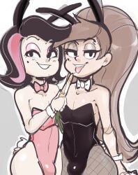 2boys black_hair brown_eyes brown_hair brown_skin buldge bunny_ears bunnysuit carrot_dildo crossdressing dbaru femboy fishnets front_view guy_hamdon latino_male make_up marco_diaz no_sex pink_clothing playboy_bunny ponytail princess_marco princess_turdina shezow shezow_(character) smile smiling_at_viewer star_vs_the_forces_of_evil