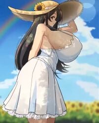 1girls animated dress female gigantic_breasts hasshaku-sama miruyuyo mole mole_on_breast mole_under_eye nipple_bulge no_sound outdoors shorter_than_10_seconds solo sun_hat sunflower tagme tagme_(character) twitter_link vertical_video video white_dress