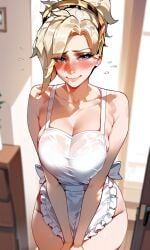 ai_generated blonde_hair blue_eyes blush embarrassed frilled_apron from_above large_breasts looking_at_viewer mercy naked_apron overwatch ponytail smile sweat v_arms