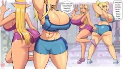 2girls big_ass bimbofication blonde_hair blue_shorts breast_expansion female gym gym_clothes metroid misskoi multiple_girls muscular_female princess_zelda purple_shorts samus_aran the_legend_of_zelda zelda_(a_link_between_worlds)