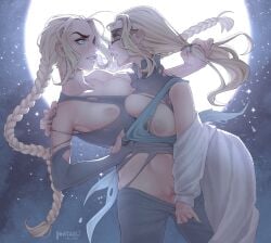 2girls blonde_hair blue_eyes boobs braided_hair breasts breasts_out exposed_breasts exposed_pussy female/female female_only fighting fur_coat girls girls_only incest moon multiple_girls only_female ponytail saliva_string sister_and_sister sisters starli stars torn_clothes torn_clothing yuri