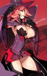 ara_ara blazblue breasts cleavage hyakuhachi_(over3) konoe_a_mercury legwear lips nine_the_phantom pink_hair purple_witch_hat thick_thighs thighs witch_hat