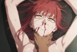 1boy accurate_art_style beaten beaten_bloody beaten_up blood chainsaw_man empty_eyes gore makima_(chainsaw_man) male nude rough_sex strangling
