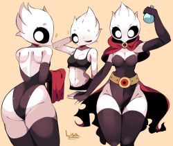 anthro avian bare_shoulders belt blush bra character_sheet cleavage cloak cute fingerless_gloves gazericc leotard lisa_(gazericc) long_gloves medium_breasts original_character potion presenting_ass simple_background thick_ass thick_thighs thighhighs white_body