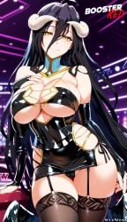 1girls adjusting_panties ai_generated albedo_(overlord) bare_shoulder big_breasts black_hair bodycon boosterred99 bridal_gauntlets busty cameltoe cleavage clothing_cutout covered_navel covered_nipples cutout dress female female_only horn horns large_breasts latex_panties long_hair overlord_(maruyama) post-timeskip ring seductive seductive_smile shiny_clothes side-tie_panties side_locks sideboob skirt solo stockings succubus underboob wavy_hair white_hair yellow_eyes