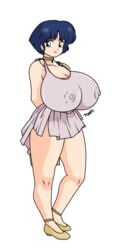 akane_tendo bare_shoulders blue_hair breasts brown_eyes clothing dress erect_nipples erect_nipples_under_clothes female full_body gigantic_breasts huge_breasts large_breasts looking_at_viewer ranma_1/2 short_hair smile solo standing toshiso