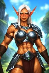 abs ai_generated aralyva armor cleavage elf female female_only muscular_female pelvic_curtain revealing_clothes scar scars sweat veins warcraft white_hair world_of_warcraft yellow_eyes