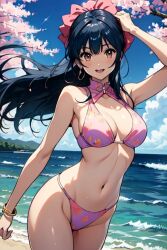 1girls ai_generated beach big_breasts bikini blue_hair breasts brown_eyes busty cleavage female hair_ribbon large_breasts legs long_hair looking_at_viewer navel ocean pink_bikini ponytail sakura_shinguji sakura_wars sega sensual smile swimsuit thighs voluptuous water