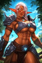 abs ai_generated aralyva armor cleavage elf female female_only muscular_female pelvic_curtain revealing_clothes scar scars sweat underboob veins warcraft white_hair world_of_warcraft yellow_eyes