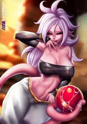 1girls 2010s android_21 big_breasts black_sclera breasts cleavage dark_persona dragon_ball dragon_ball_fighterz female female_only fully_clothed humanoid large_breasts long_hair looking_at_viewer lord_dominik majin majin_android_21 monster_girl patreon pink_skin pointy_ears red_eyes solo tail white_hair